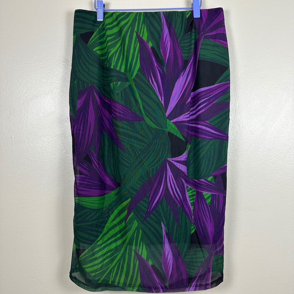 Bold Elements Women's L Midi Skirt Green Purple Tropical Bird of Paradise NEW